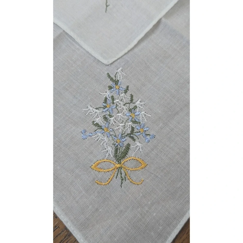 Hand Embroidered White Cotton Handkerchief Blue Flowers - Set Of 4 -